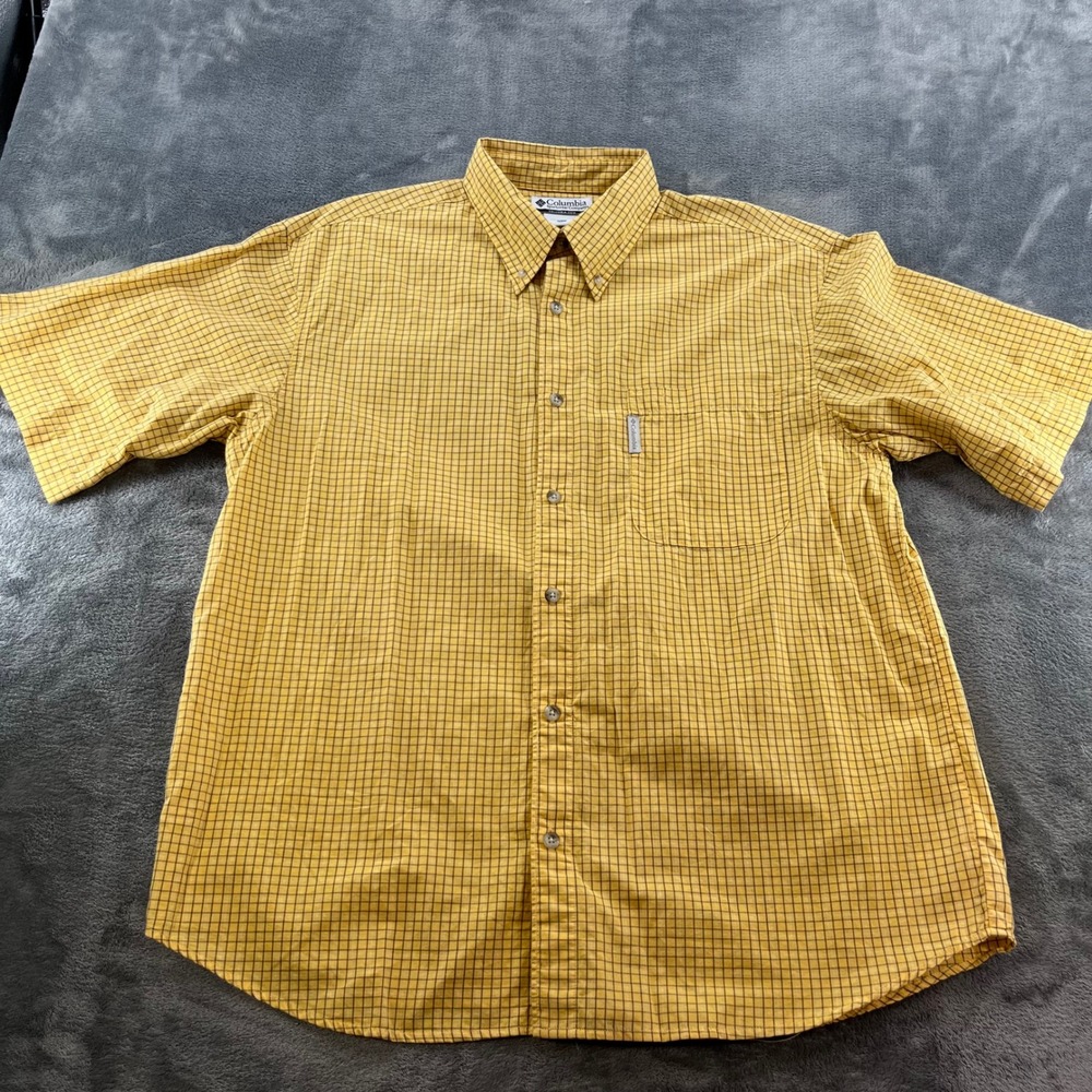 Columbia Mens XL Yellow Grid Plaid Short Sleeve Button Down Shirt S05 AM7058